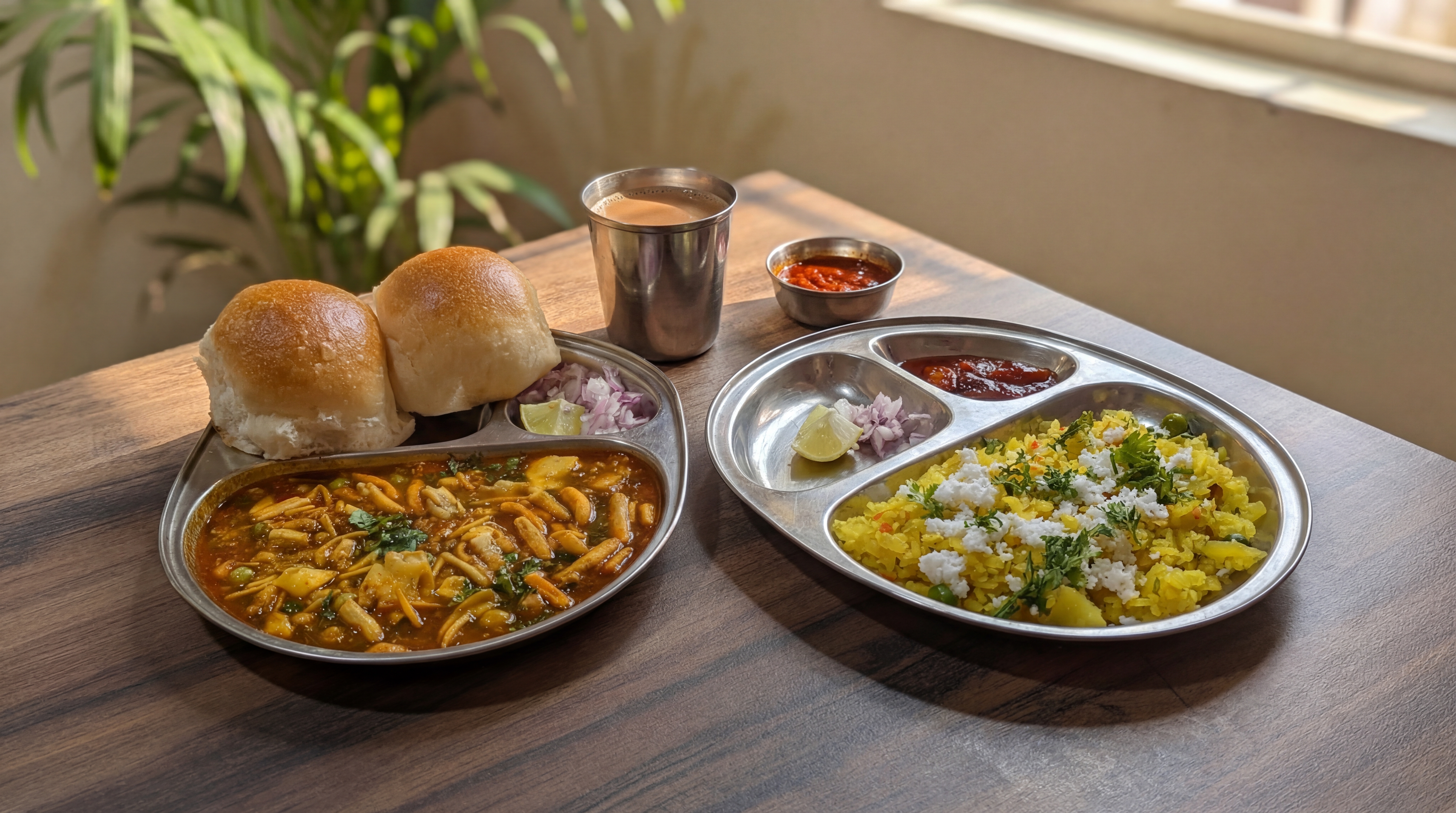 Maharashtrian breakfast at Save Farm — spicy misal pav with farsan and fresh poha topped with coconut and coriander served in steel plates