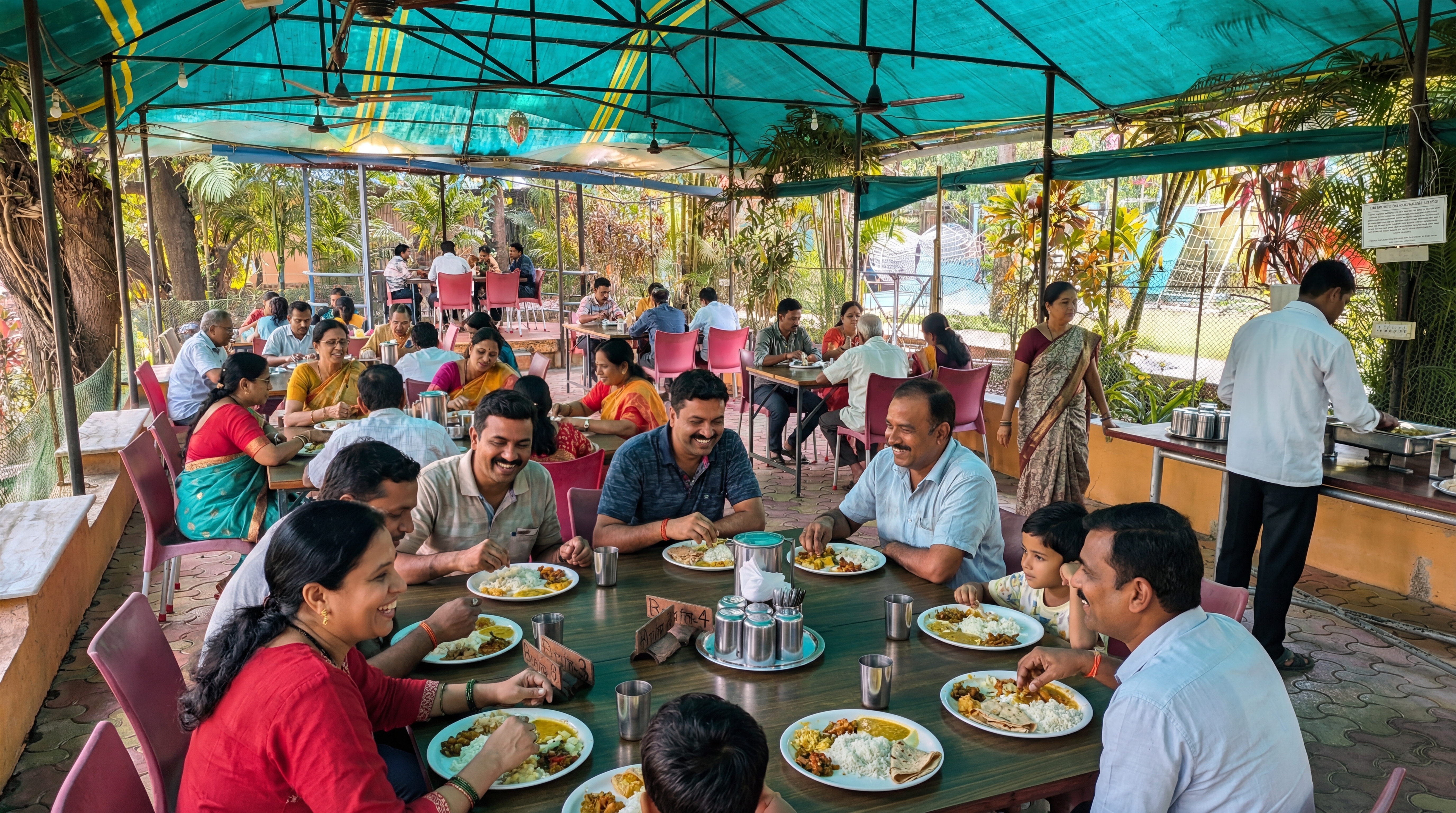 Families enjoying home-cooked Maharashtrian thali lunch together in Save Farm open-air dining hall
