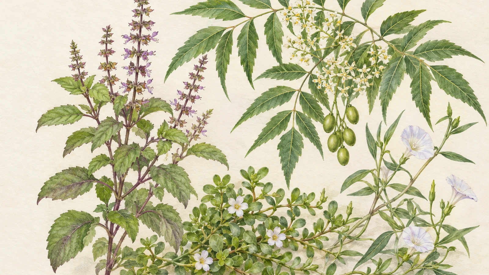 Watercolor botanical study of tulsi, neem, brahmi and shankhpushpi