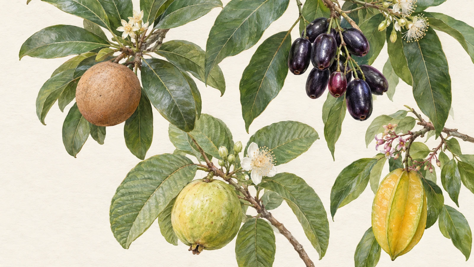 Watercolor botanical study of chikoo, jamun, guava and star fruit