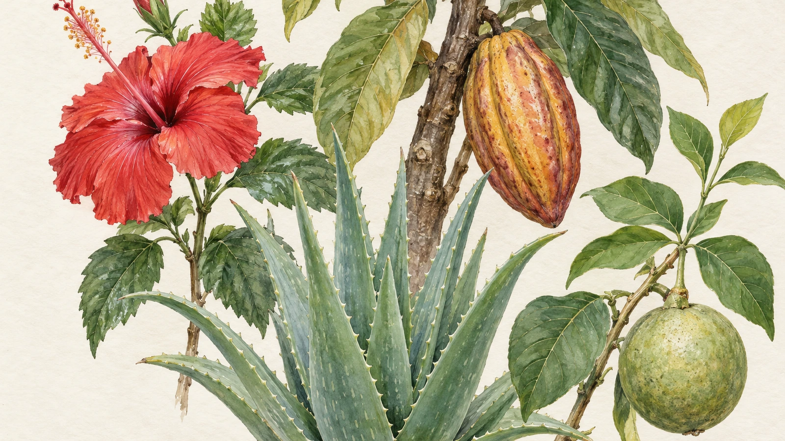 Watercolor botanical study of hibiscus, aloe vera, cocoa and bael