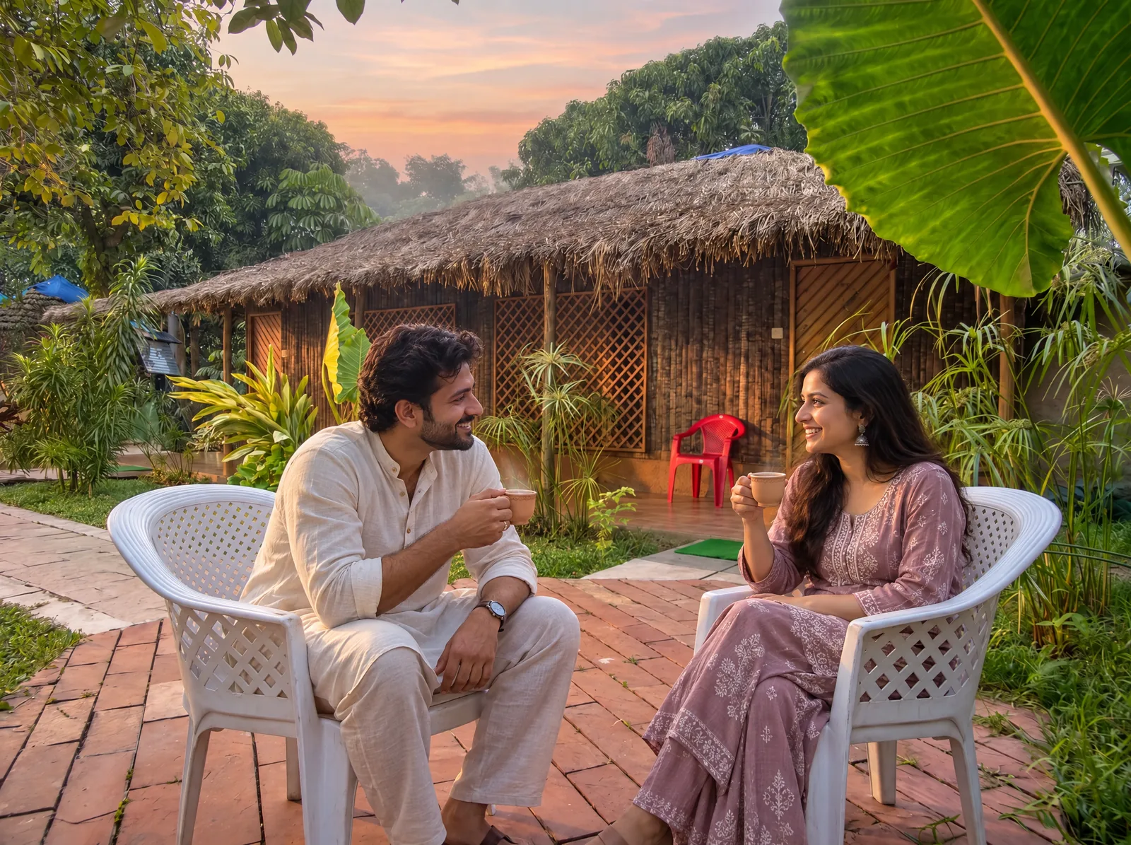 A couple sharing morning tea outside their cottage at Save Farm