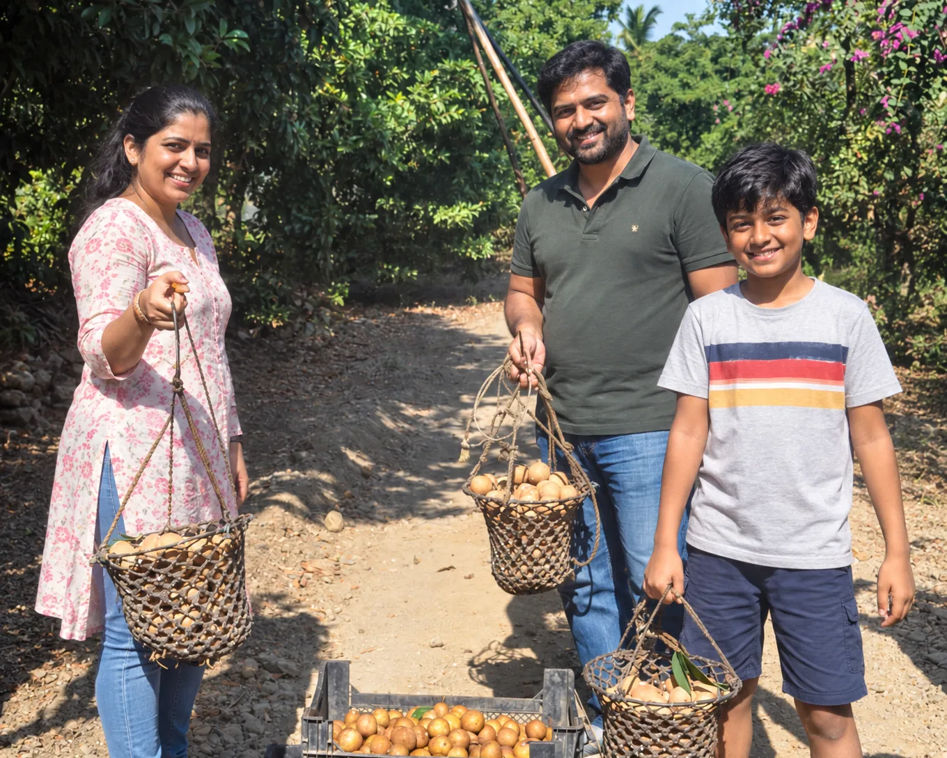 A mother, father and son holding baskets of freshly picked chikoo in the orchard at Save Farm