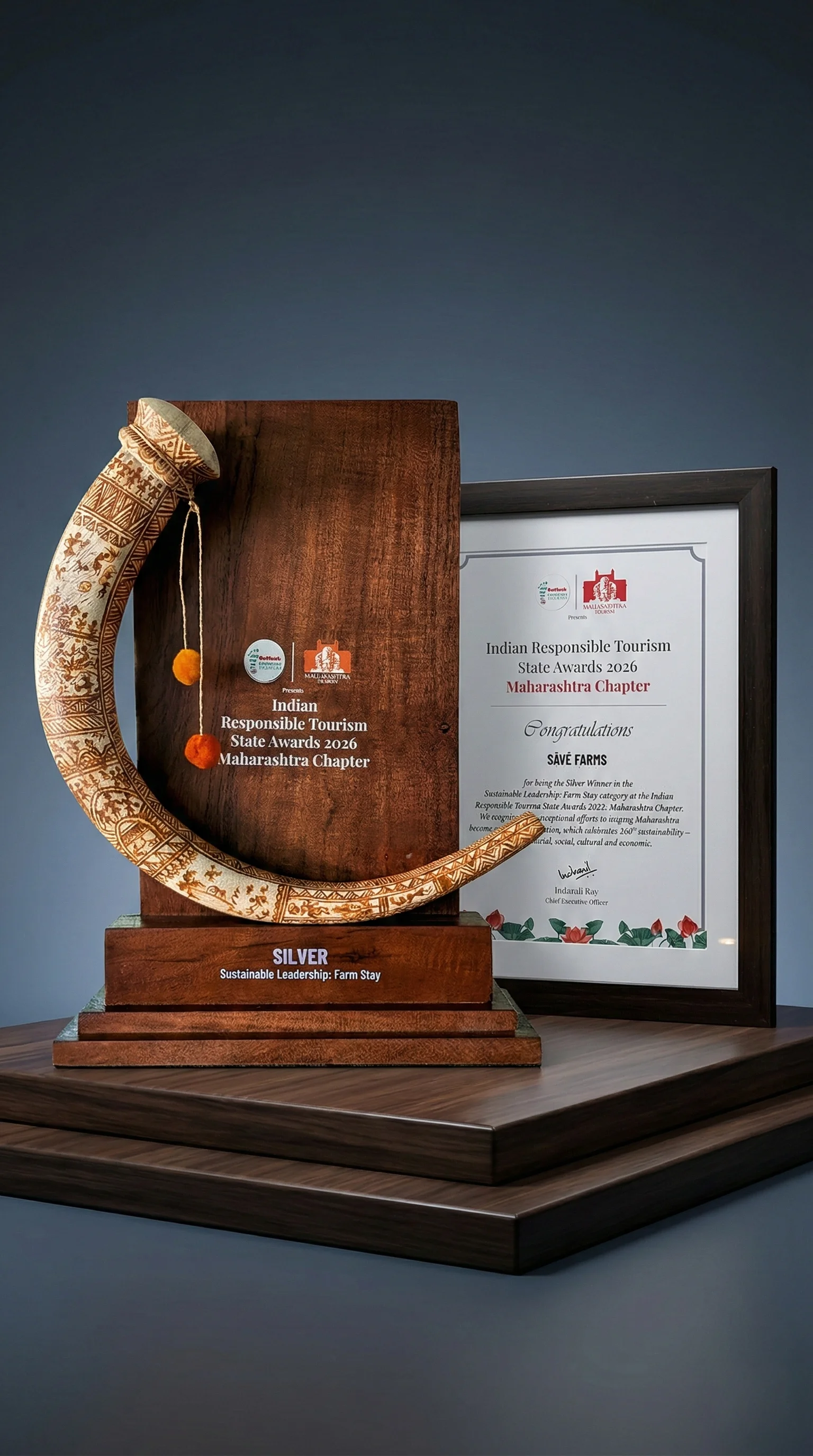 IRTSA Silver certification trophy and certificate for Sustainable Leadership Farm Stay awarded to Save Farm in 2026