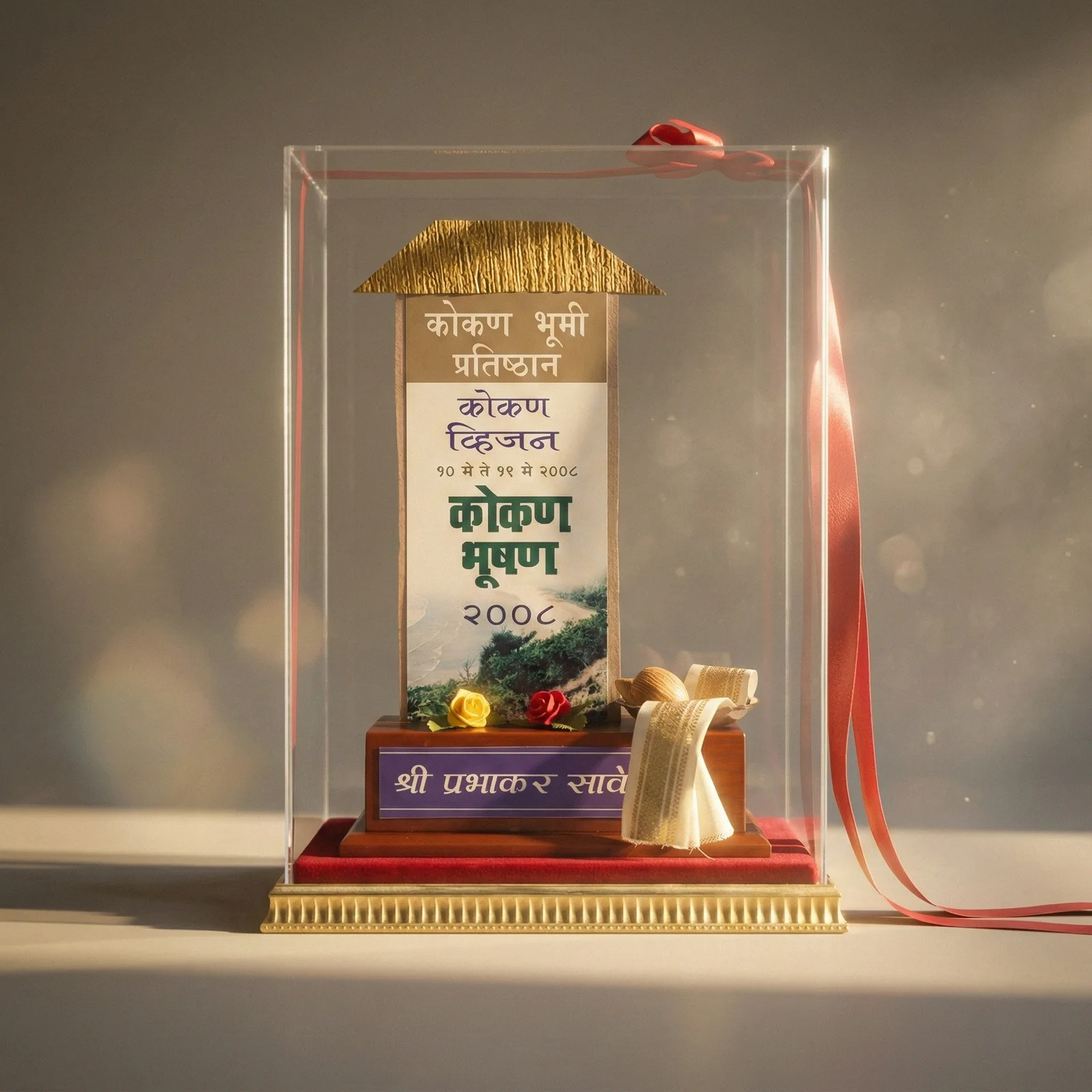 Konkan Bhushan 2008 award trophy presented to Prabhakar Save for sustainable farming excellence in Konkan, Maharashtra