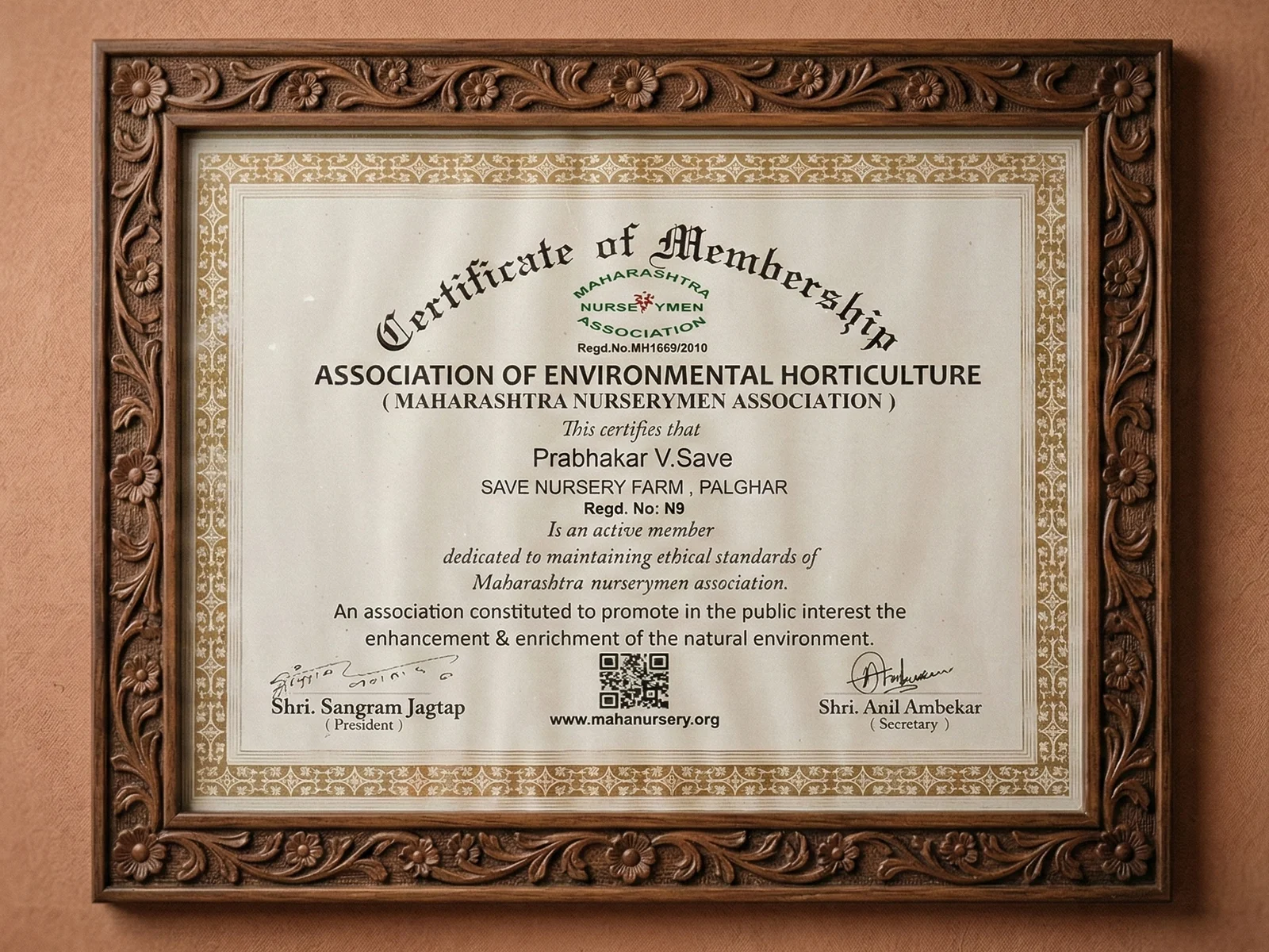 Certificate of Membership from Maharashtra Nurserymen Association for Prabhakar V. Save, Save Nursery Farm, Palghar